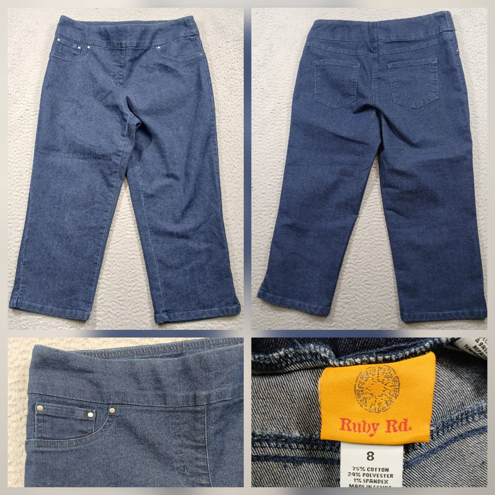 Ruby Rd. Pull On Denim Capri‎ Pants Indigo Blue Women's Size 8 EUC